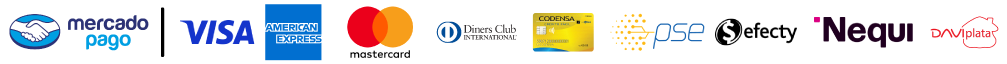 Mercado Pago, Visa, American Express, Mastercard, Diners Club, Codensa, PSE, Efecty, Nequi y Daviplata